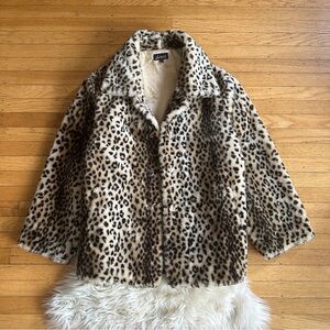vintage y2k faux fur leopard animal print brown tan 2000s coat large